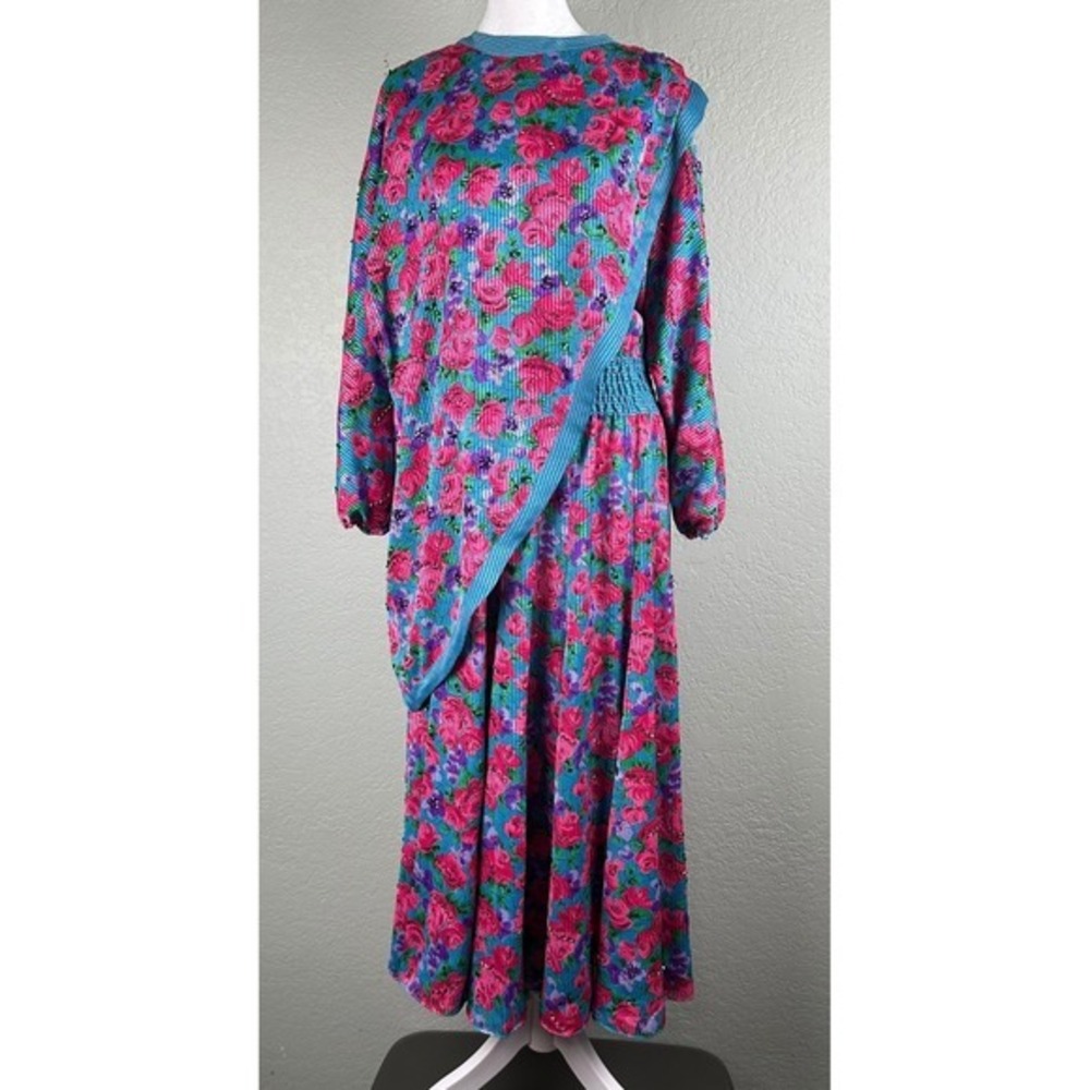 Vintage Diane Freis Georgette Dress One Size Pink Blue Floral Plisse Beaded‎ 80s